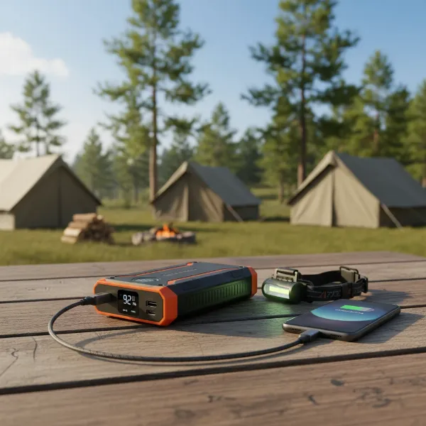 A rugged power bank charging a smartphone and a headlamp at a campsite.