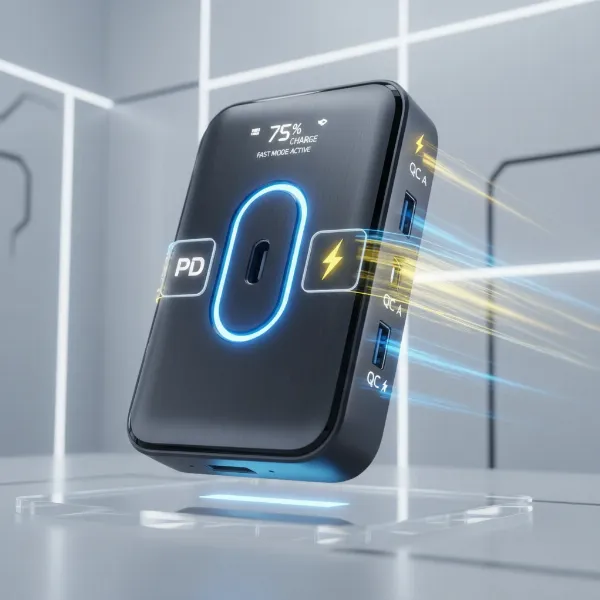 A power bank with multiple ports, highlighting USB-C PD and USB-A, and illustrative icons for fast charging technologies like Quick Charge and Power Delivery