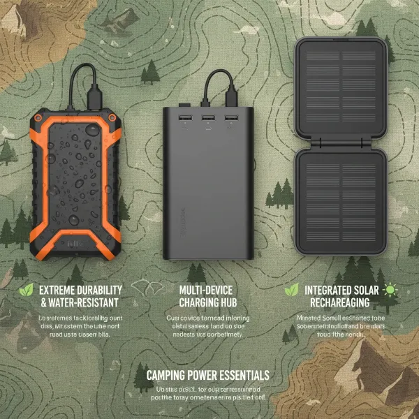Different types of power banks for camping, highlighting features like durability and charging ports.
