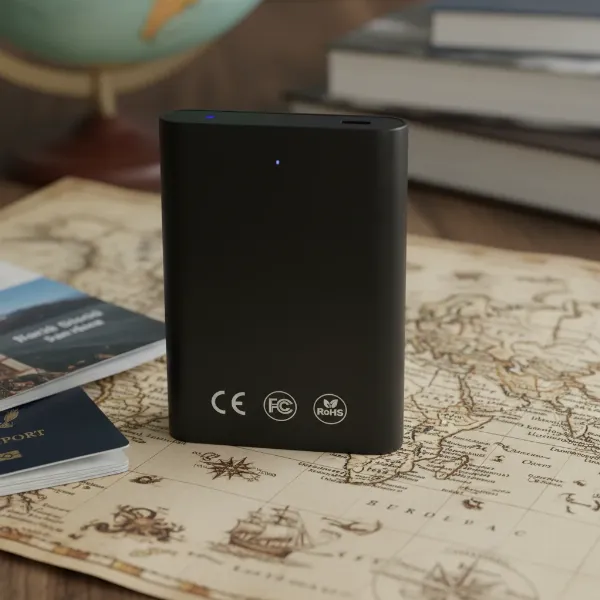 A close-up of a compact, black power bank resting on a travel map, with clearly visible safety certification logos (CE, FCC, RoHS) printed on its surface. The background is softly blurred with travel accessories. Bright, professional studio lighting, editorial style.