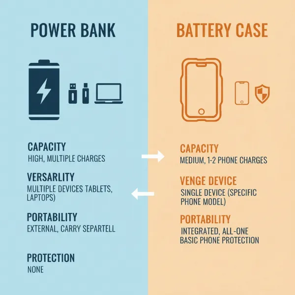 Infographic comparing key features of a power bank and a battery case with clear icons and text.