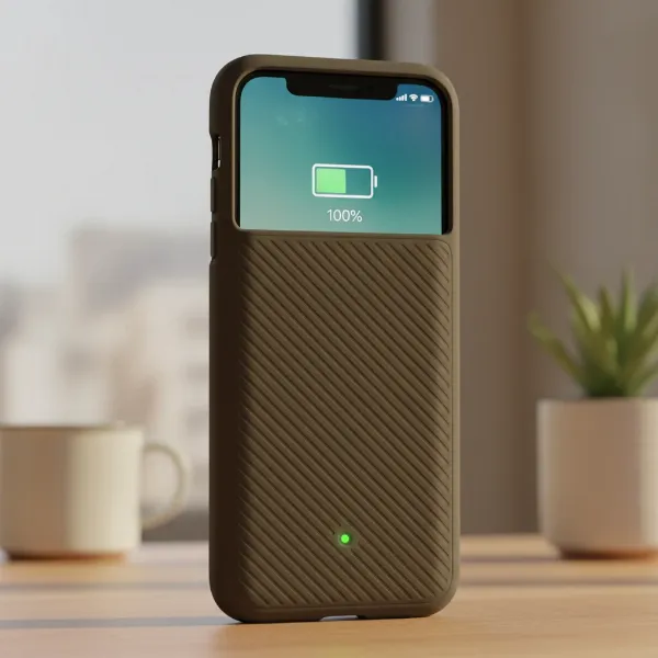 A smartphone encased in a protective battery case, displaying its integrated design and enhanced grip.