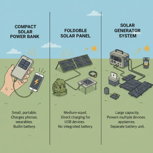 Different types of solar chargers including foldable panels and solar power banks with varying sizes and features